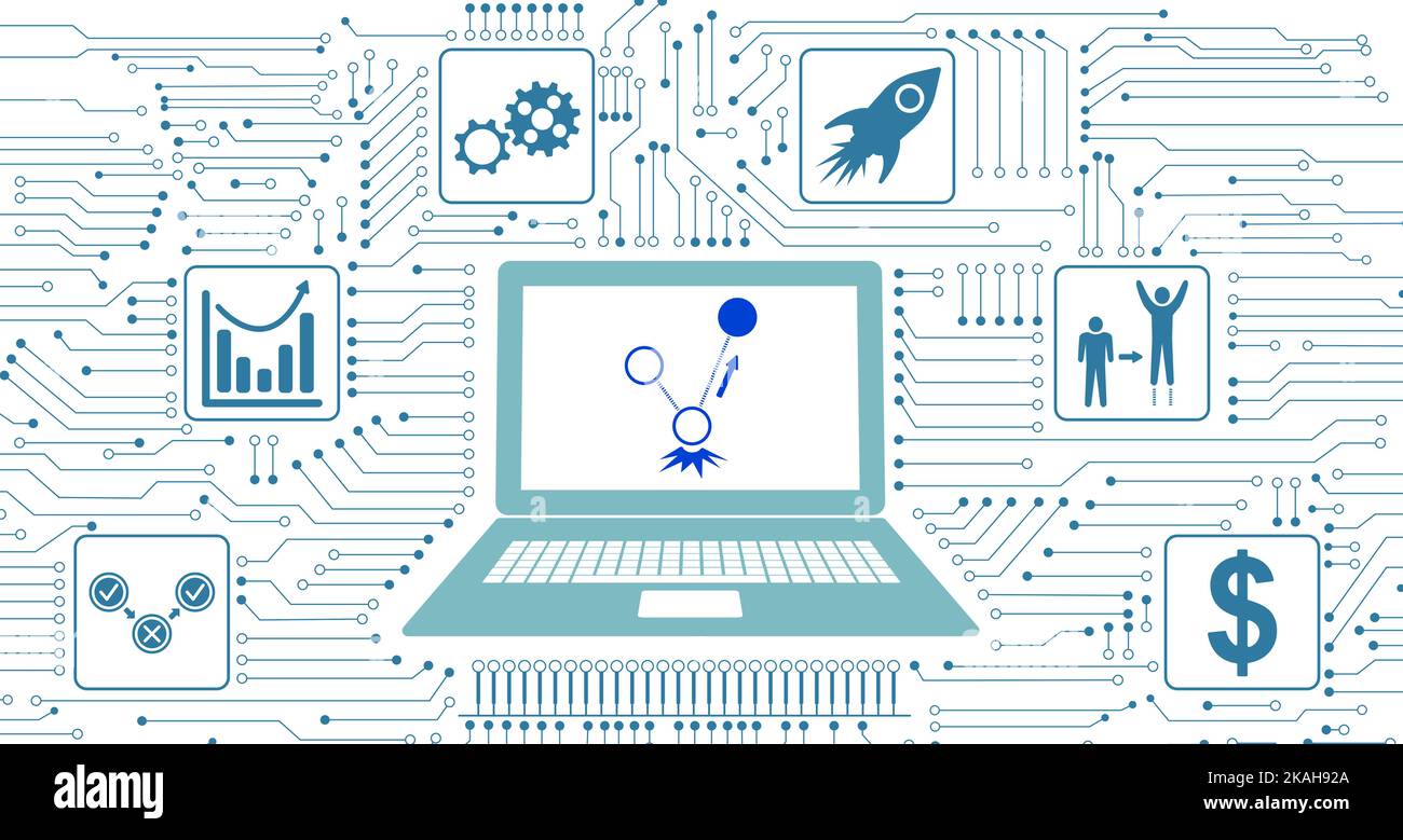 Concept of rebound with icons integrated in circuit Stock Photo - Alamy