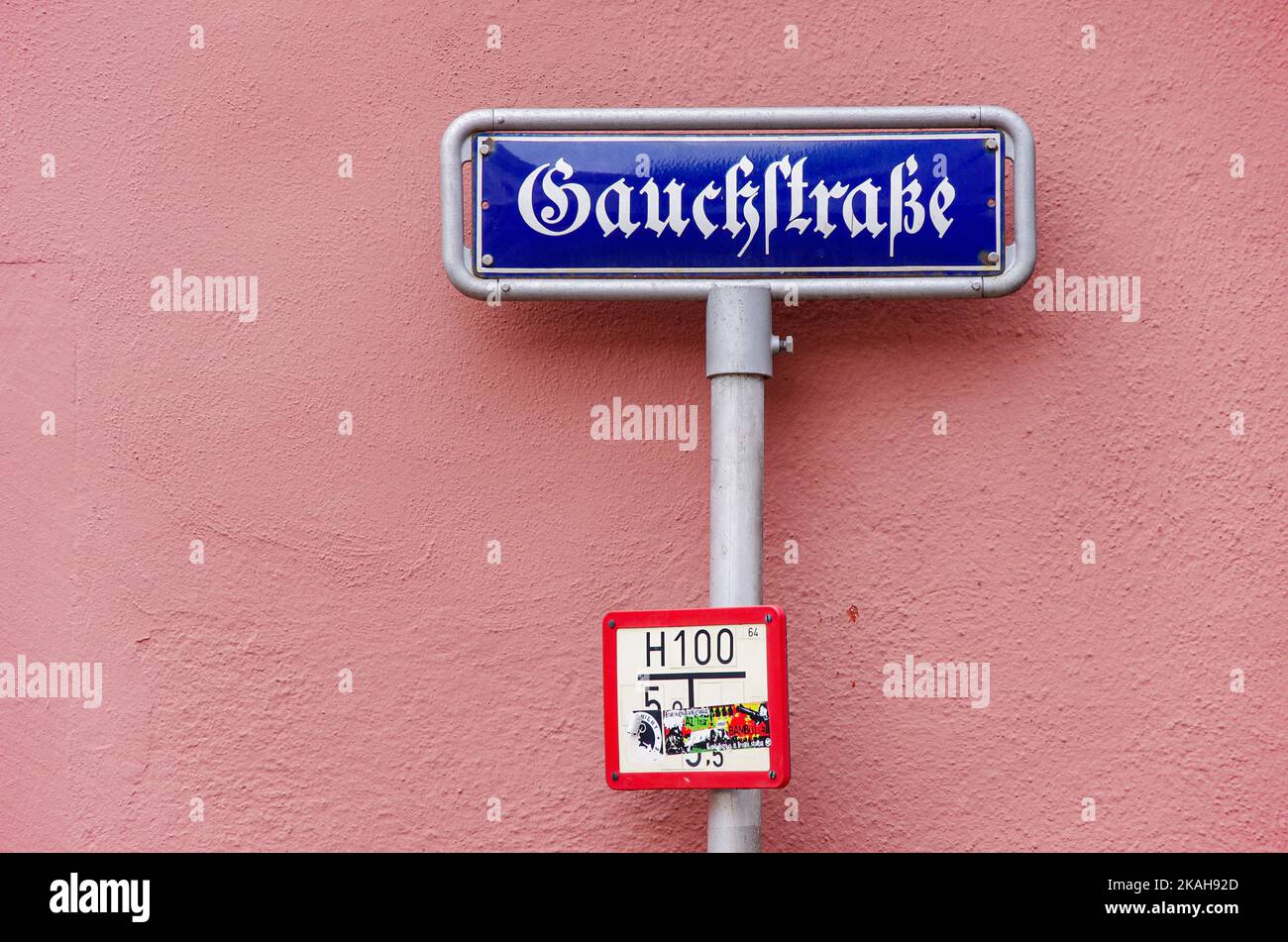 Street sign Gauchstrasse, a street sign which reads like Gauckstrasse as if it was named after the 11th Federal President of Germany. Stock Photo