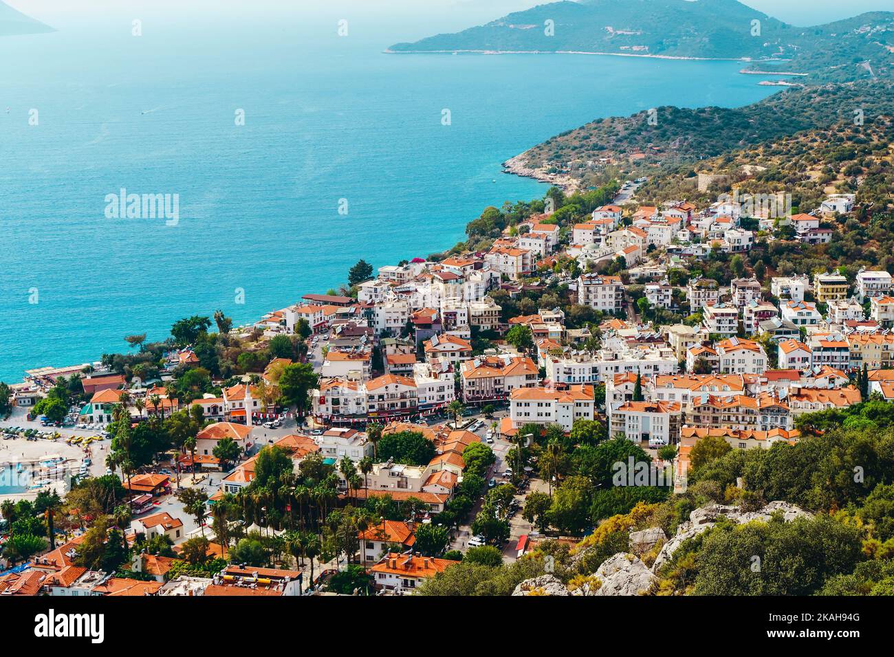 View of the panorama of the Turkish city of Kas from above. Tourist attractions of Turkey and Mediterranean Sea. Travel, vacation, tourism concept. High quality photo Stock Photo