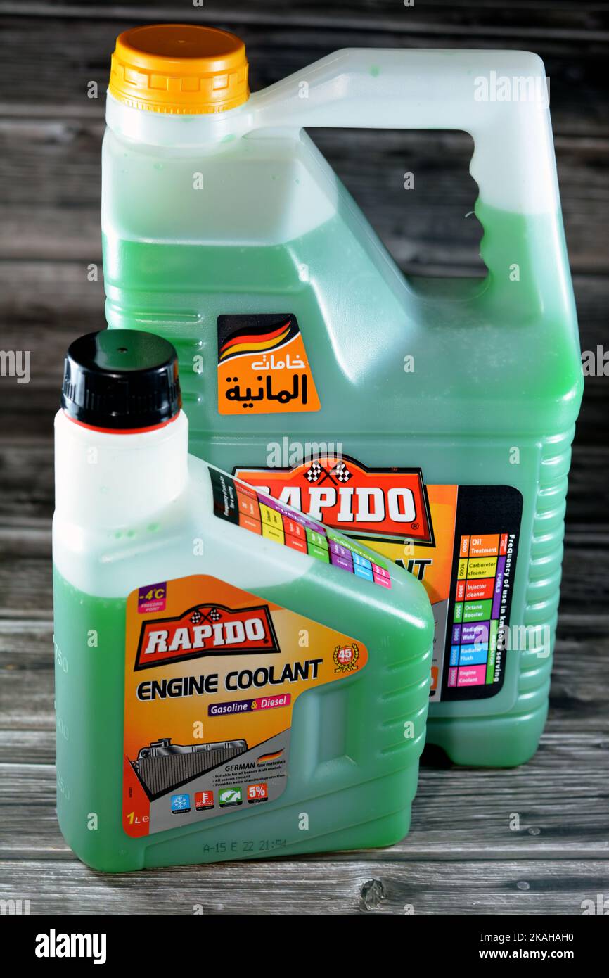 Cairo, Egypt, September 14 2022: Rapido Engine Coolant - 5 Litre, non-foaming and protects parts from corrosion for durability, formulated to provide Stock Photo