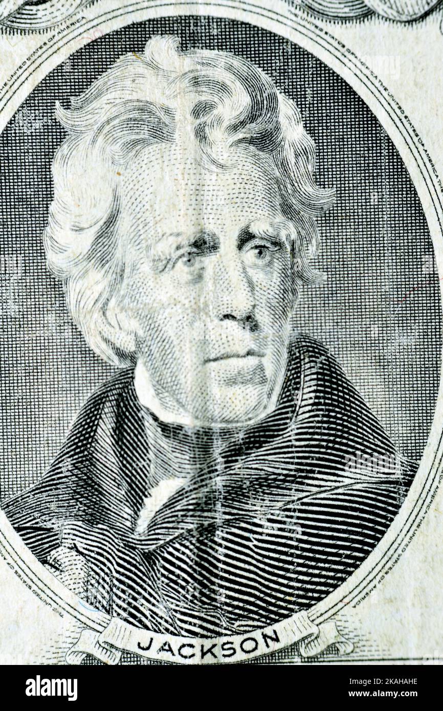 Portrait of president Andrew Jackson from the obverse side of an old 20