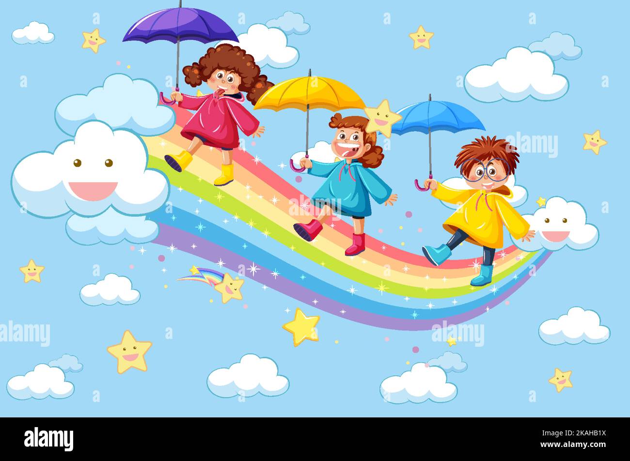 Happy kids in in the sky with rainbow illustration Stock Vector Image ...