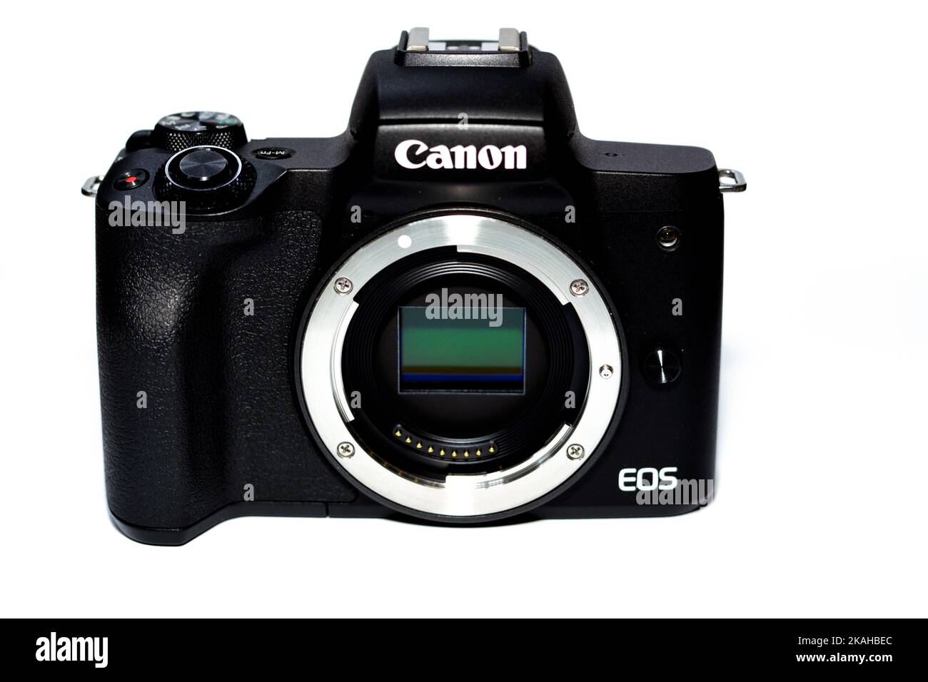 Cairo, Egypt, September 24 2022: Canon EOS M50 body, 24.1 MP, 4K, mirrorless digital camera, black, with different shooting modes and picture styles, Stock Photo