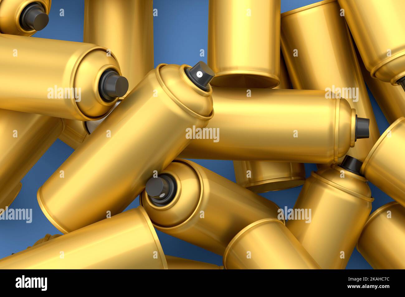 Lots of flying gold spray paint cans on blue background. 3d render