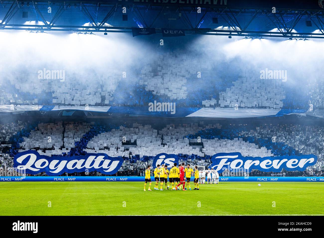 Copenhagen, Denmark. 02nd Nov, 2022. The players of Dortmund seen in front of a giant FC Copenhagen fan tifo on the stands during the UEFA Champions League match between FC Copenhagen and Dortmund at Parken in Copenhagen. (Photo Credit: Gonzales Photo/Alamy Live News Stock Photo