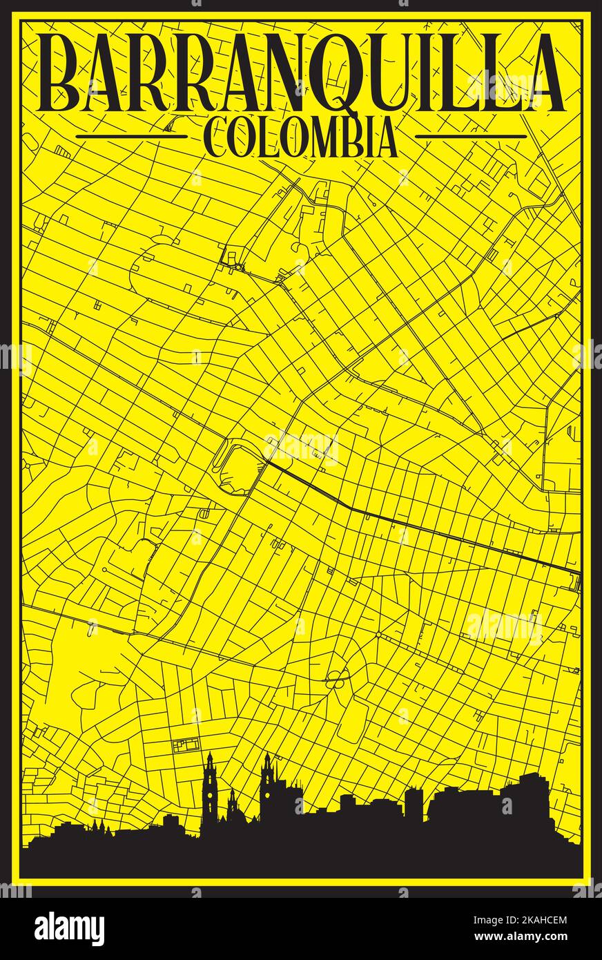 Yellow vintage handdrawn printout streets network map of the downtown