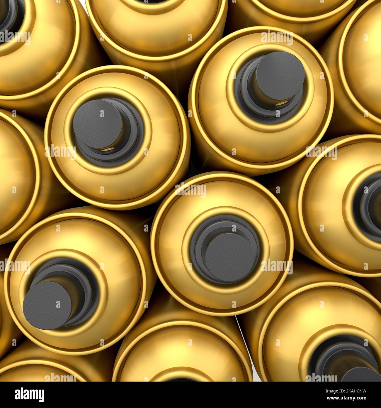 Set of gold spray paint cans in row on white background. 3d render