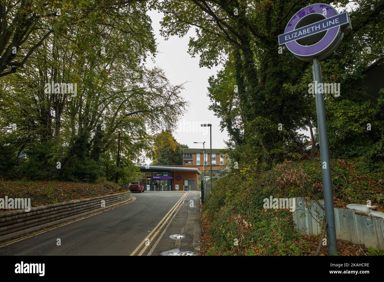 Burnham, UK. 2nd November, 2022. A sign is pictured outside the new Elizabeth Line station building. The building, produced for Transport for London (TfL) and MTR Elizabeth Line, was opened in February 2022 and includes a larger ticket office with an accessible ticket window, new ticket vending machines, automatic ticket gates and customer information screens displaying live travel information. Credit: Mark Kerrison/Alamy Live News Stock Photo