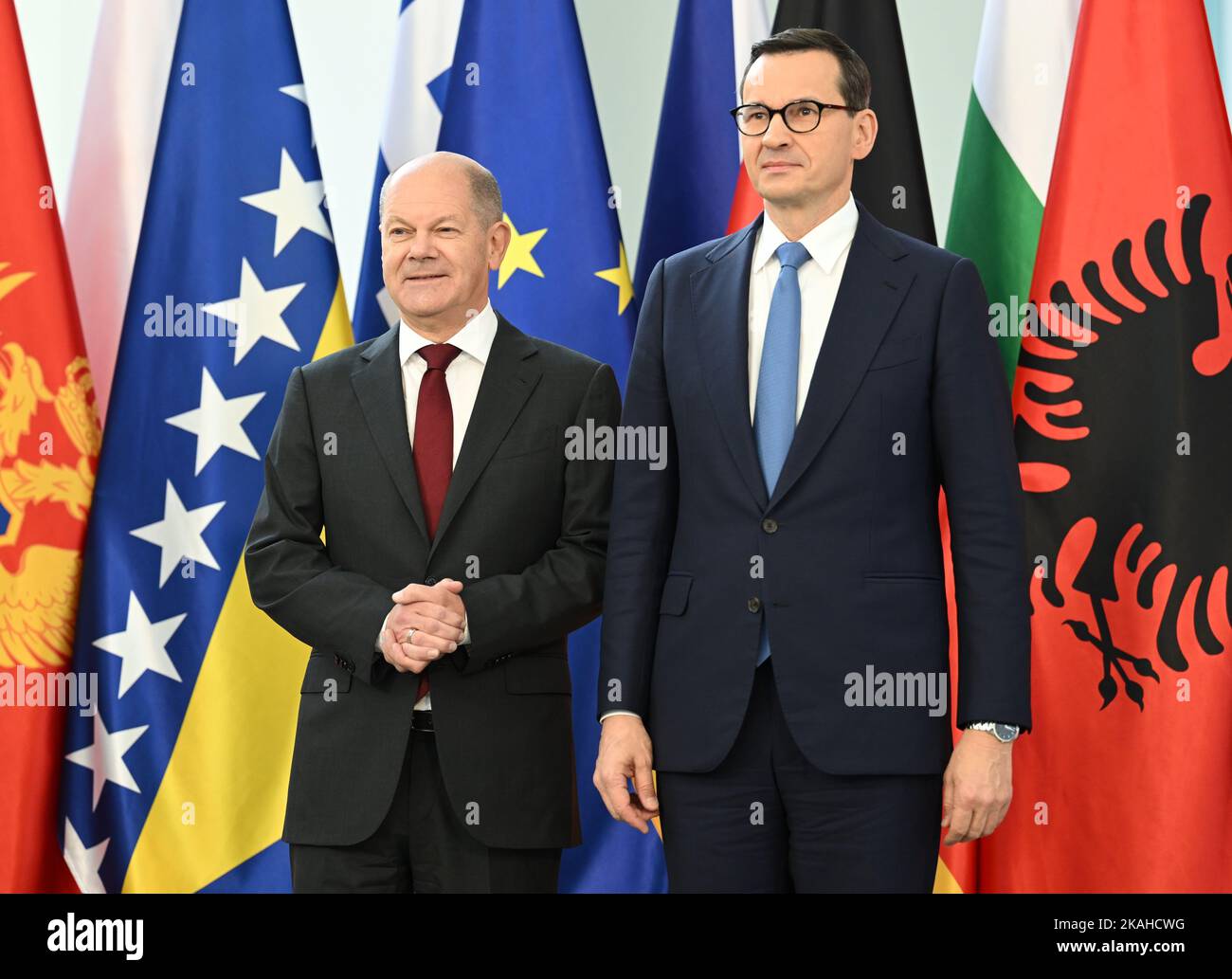 Berlin, Germany. 03rd Nov, 2022. German Chancellor Olaf Scholz (l, SPD) welcomes Poland's Prime Minister Mateusz Morawiecki to the Western Balkans Summit. The heads of state and government of the six Western Balkan states aspiring to join the EU are taking part. Credit: Britta Pedersen/dpa/Alamy Live News Stock Photo