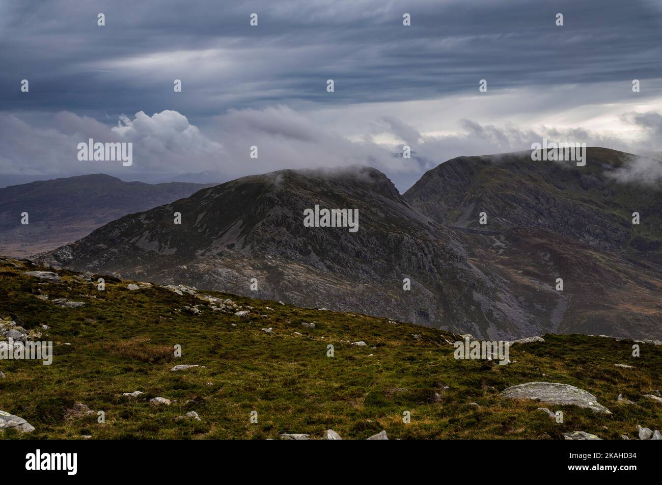 Rhinog Fach and Llyn Hywel from Rhinog Fawr. Stock Photo