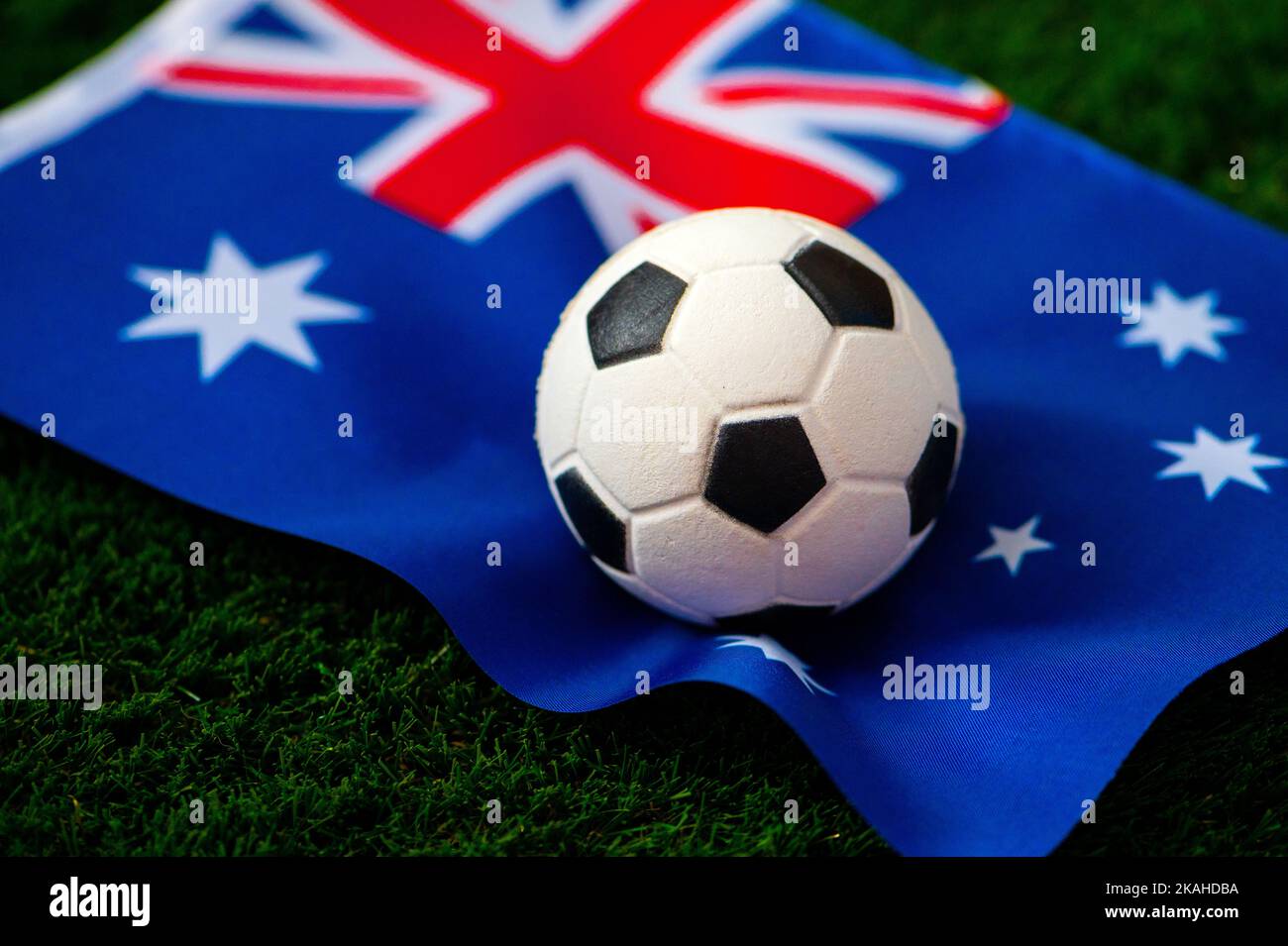 Australia National Football Team. National Flag On Green Grass And ...