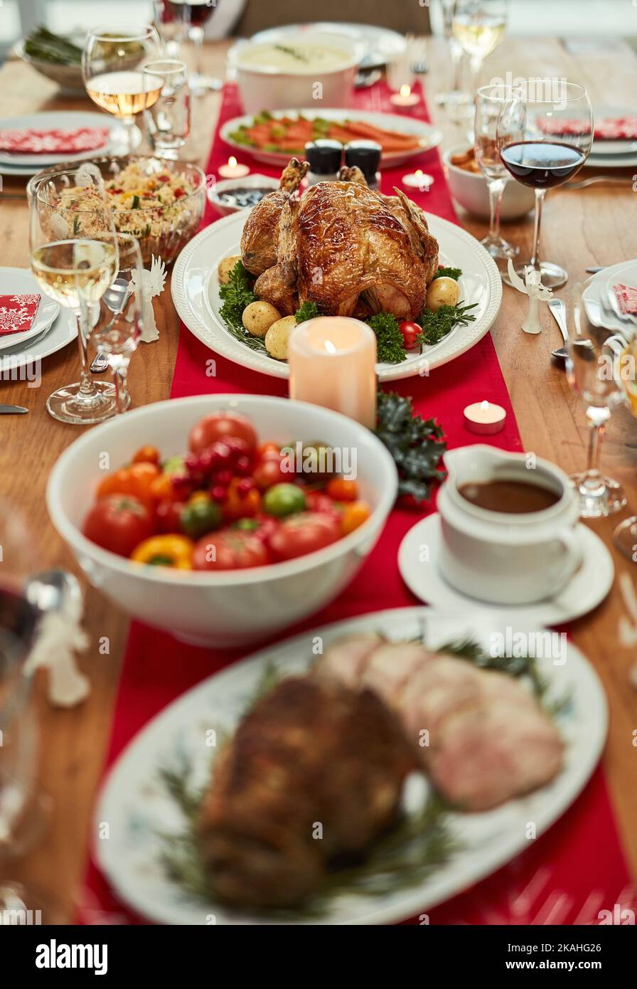 Get your fat pants ready. a feast on a dining table with no people at
