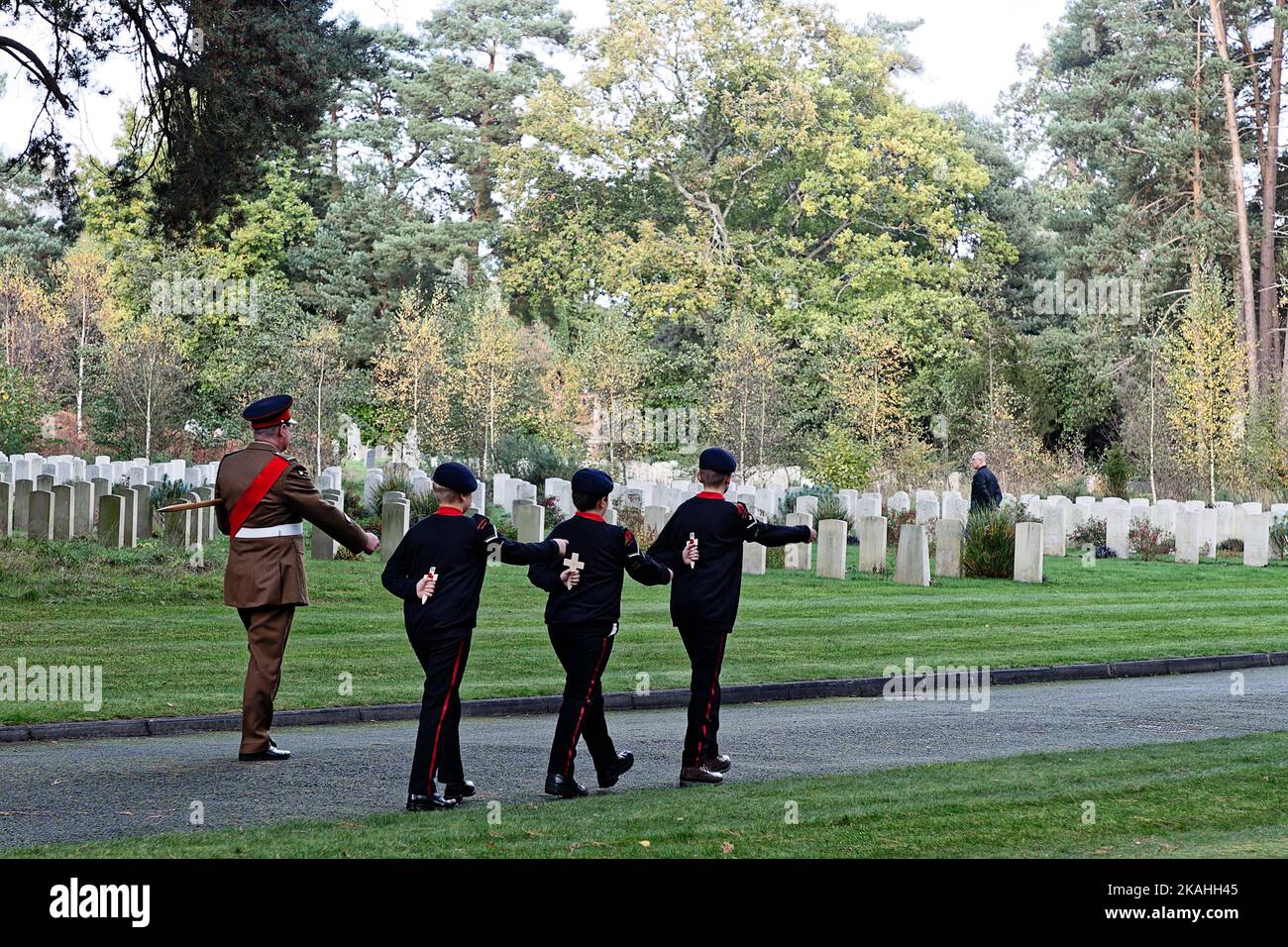 Sun 30 October 2022. Cadets of the Frimley & Camberley Cadet Corps march to the RAF section of Brookwood Military Cemetery to place crosses at Czech headstones. Stock Photo