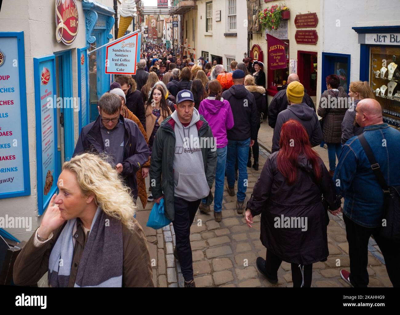 A very busy and crowded Church Street during goth weekend at Whitby Stock Photo