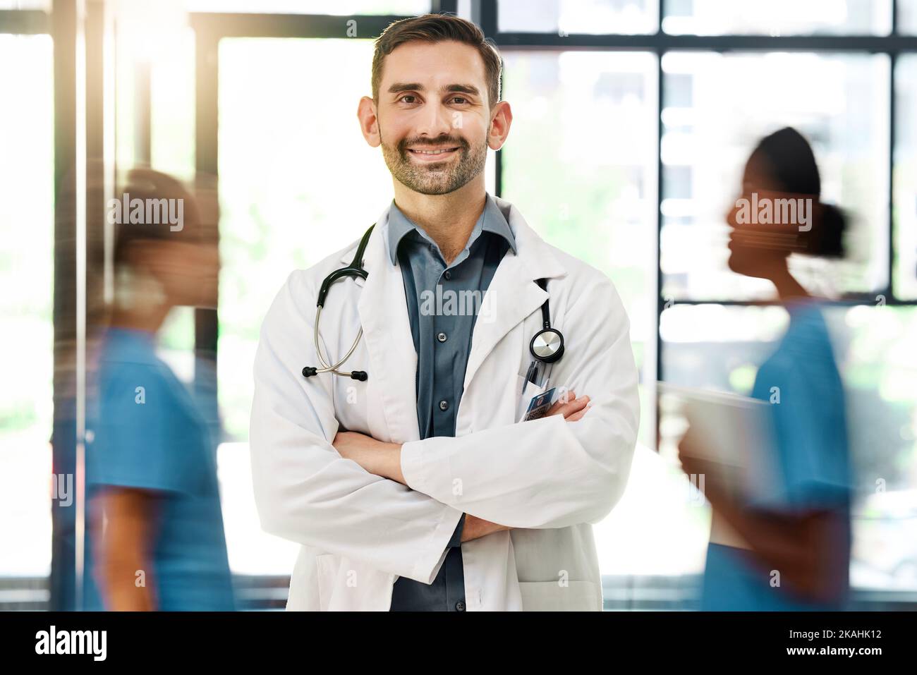 Doctor, hospital and medical insurance with stethoscope and healthcare