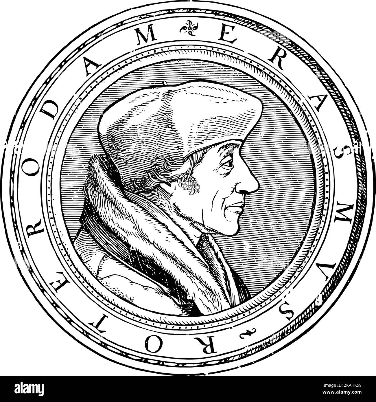 Portrait of Desiderius Erasmus Roterodamus, known as Erasmus or Erasmus of Rotterdam, was a Dutch Christian humanist who was the greatest scholar of t Stock Vector