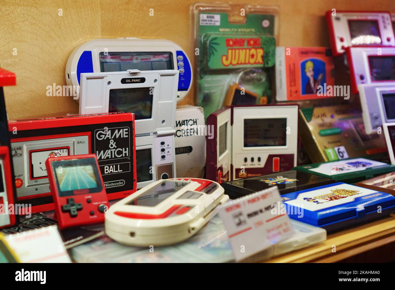 Tallinn, Estonia - 21.05.2022: LVLup! Video Game Museum - Handheld game consoles Stock Photo