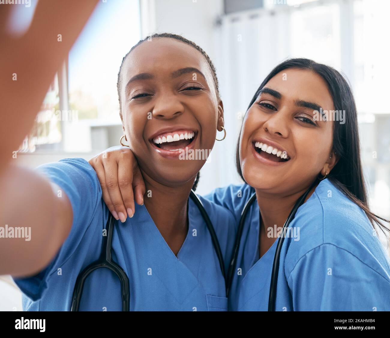 Healthcare, selfie and portrait of doctors working at a hospital, happy