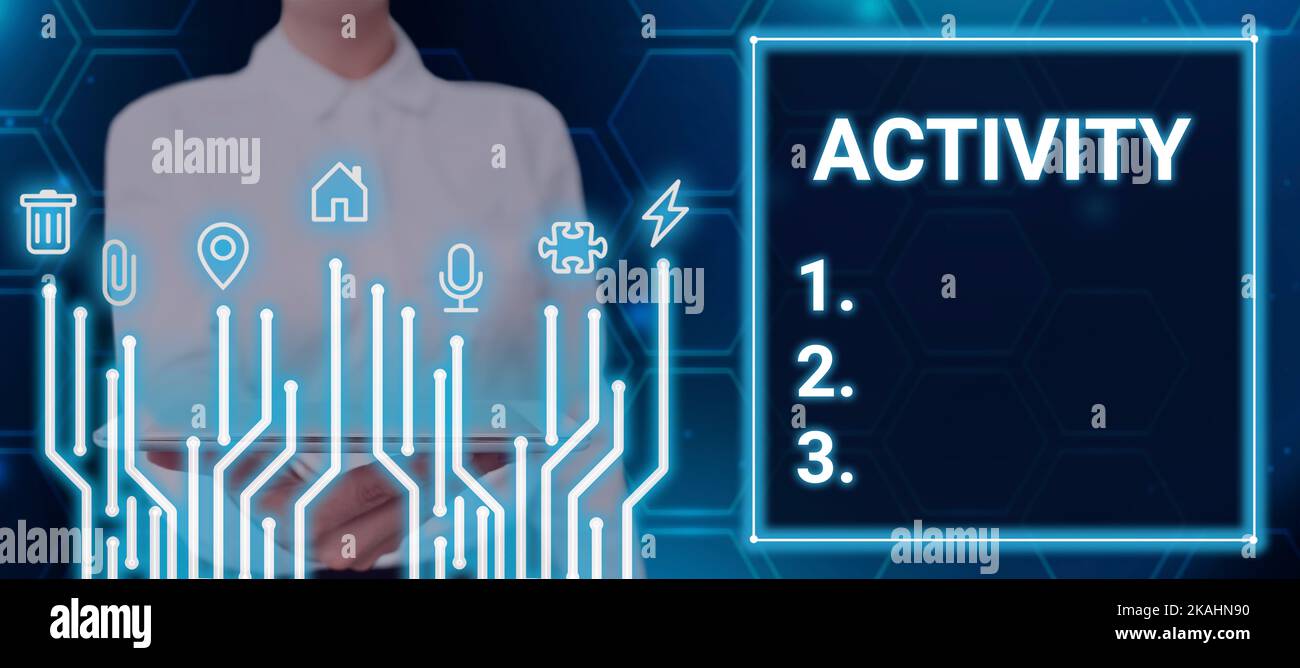 Text sign showing Activity. Word for enterprise involving financial ...
