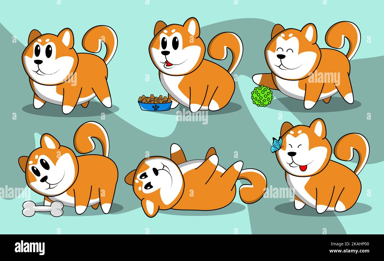 Hilarious dog Shiba Inu, goes about his business and packs illustrations Stock Vector