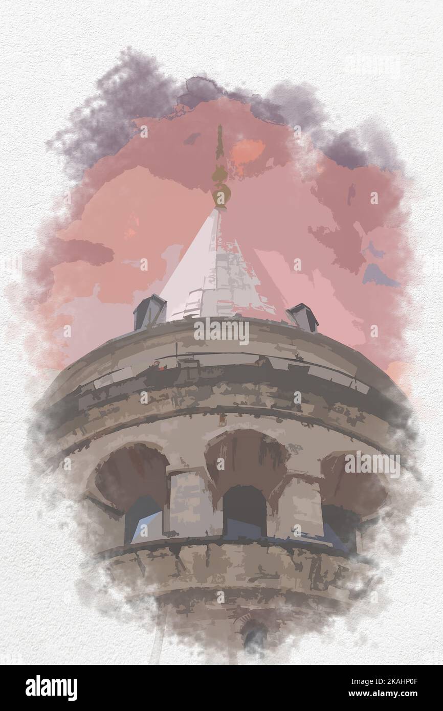 Vertical sketchy illustration with hand drawn Galata Tower in Istanbul, Turkey. Watercolor drawing of Galata Tower. Poster, card, cover, flyer design. Stock Photo