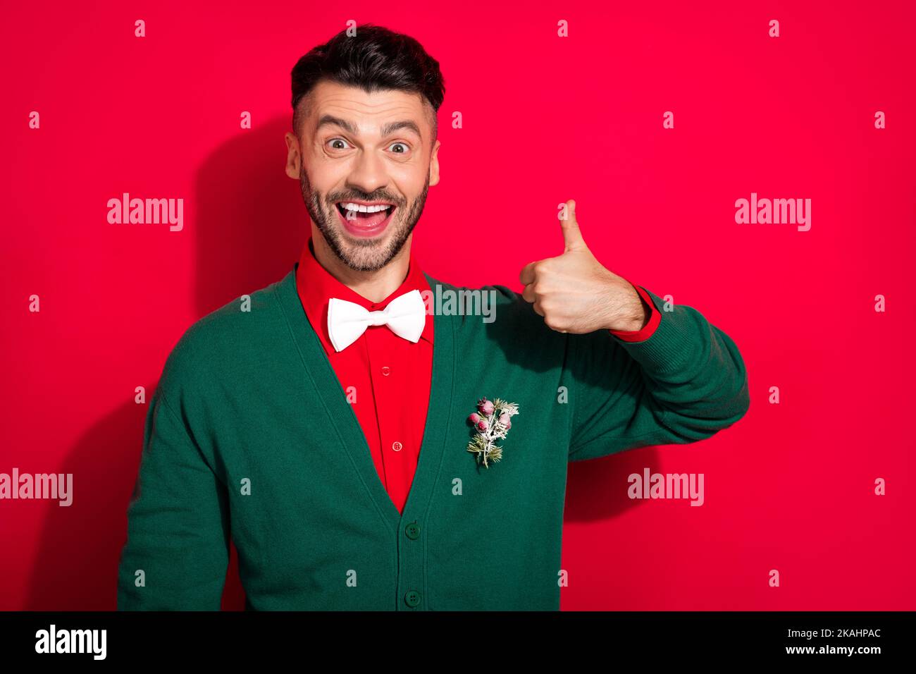 Photo of funky crazy guy arm finger show thumb up feedback rate ...