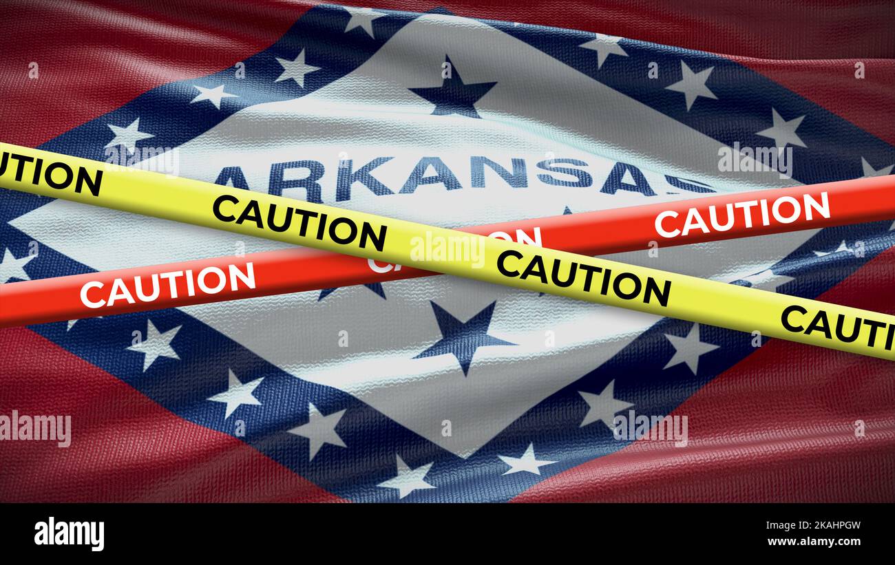 Arkansas state symbol flag with caution tape. 3D illustration. Stock Photo