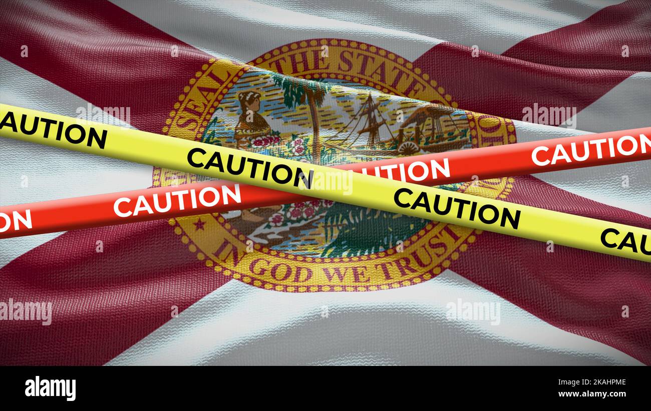 Florida state symbol flag with caution tape. 3D illustration. Stock Photo