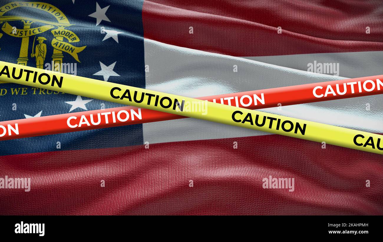 Georgia state symbol flag with caution tape. 3D illustration. Stock Photo