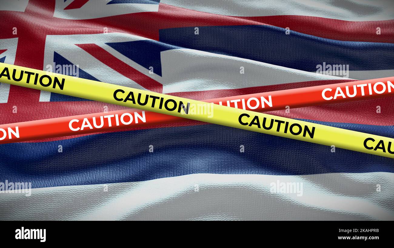 Hawaii state symbol flag with caution tape. 3D illustration. Stock Photo