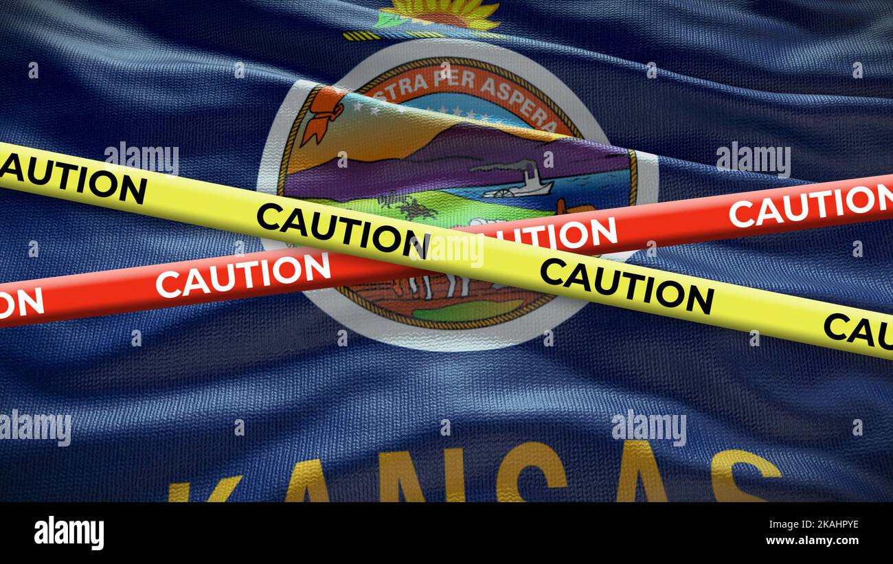 Kansas state symbol flag with caution tape. 3D illustration. Stock Photo