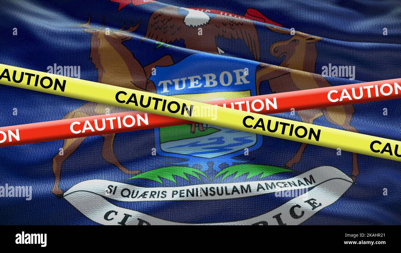 Michigan state symbol flag with caution tape. 3D illustration. Stock Photo
