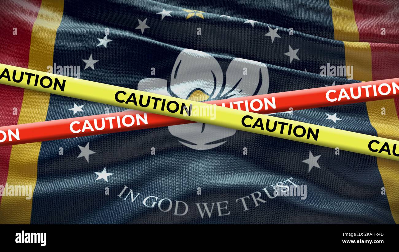 Mississippi state symbol flag with caution tape. 3D illustration. Stock Photo