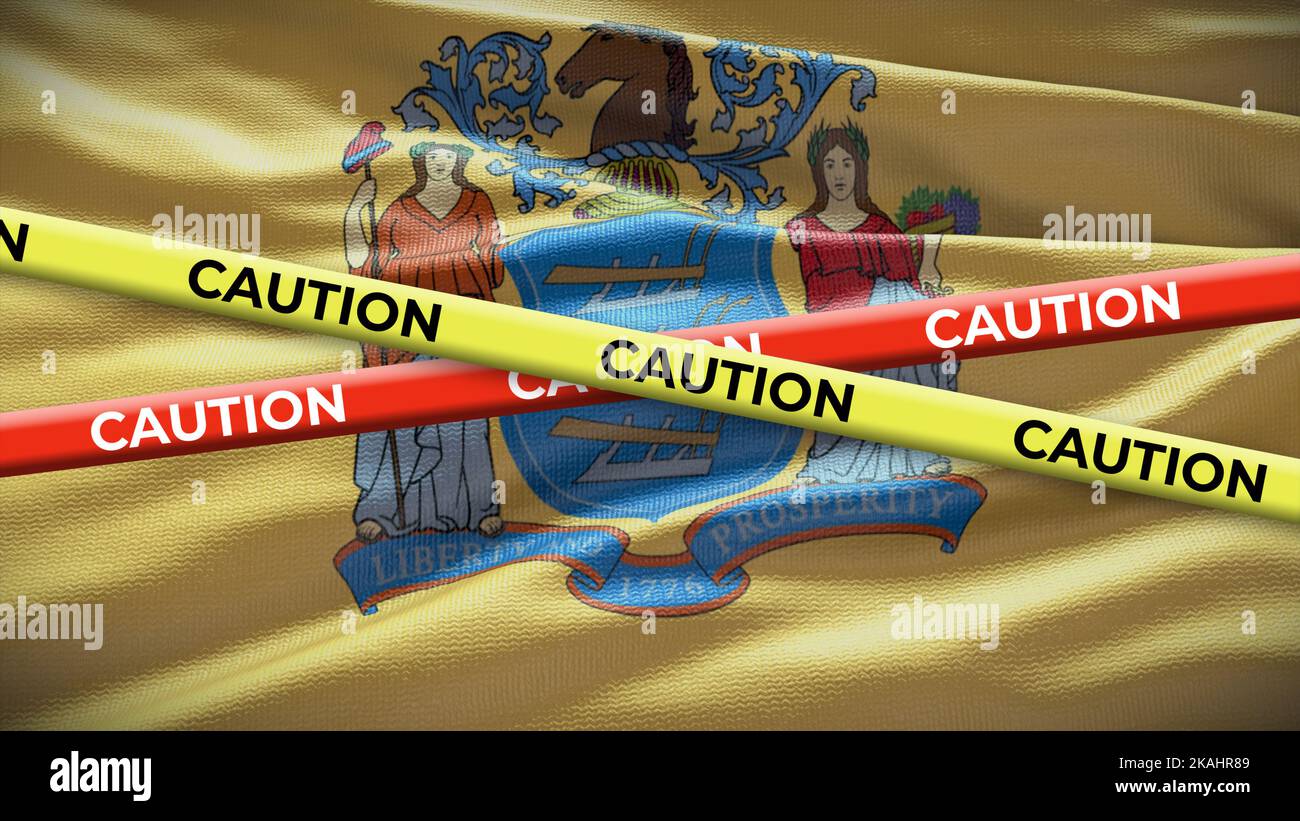 New Jersey state symbol flag with caution tape. 3D illustration. Stock Photo
