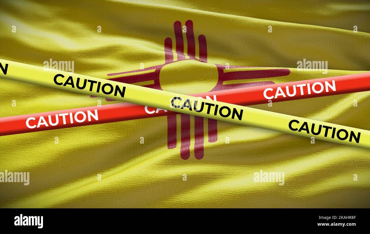 New Mexico state symbol flag with caution tape. 3D illustration. Stock Photo