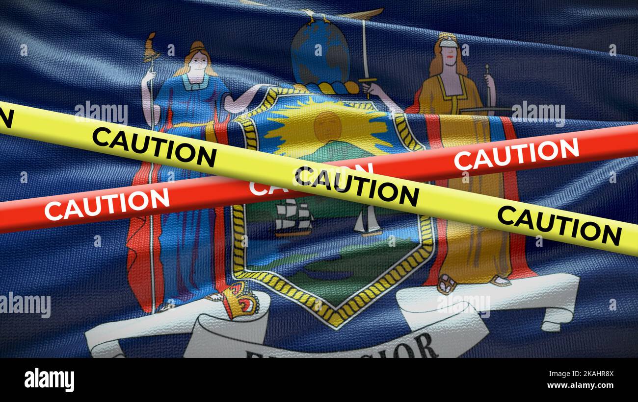 New York state symbol flag with caution tape. 3D illustration. Stock Photo