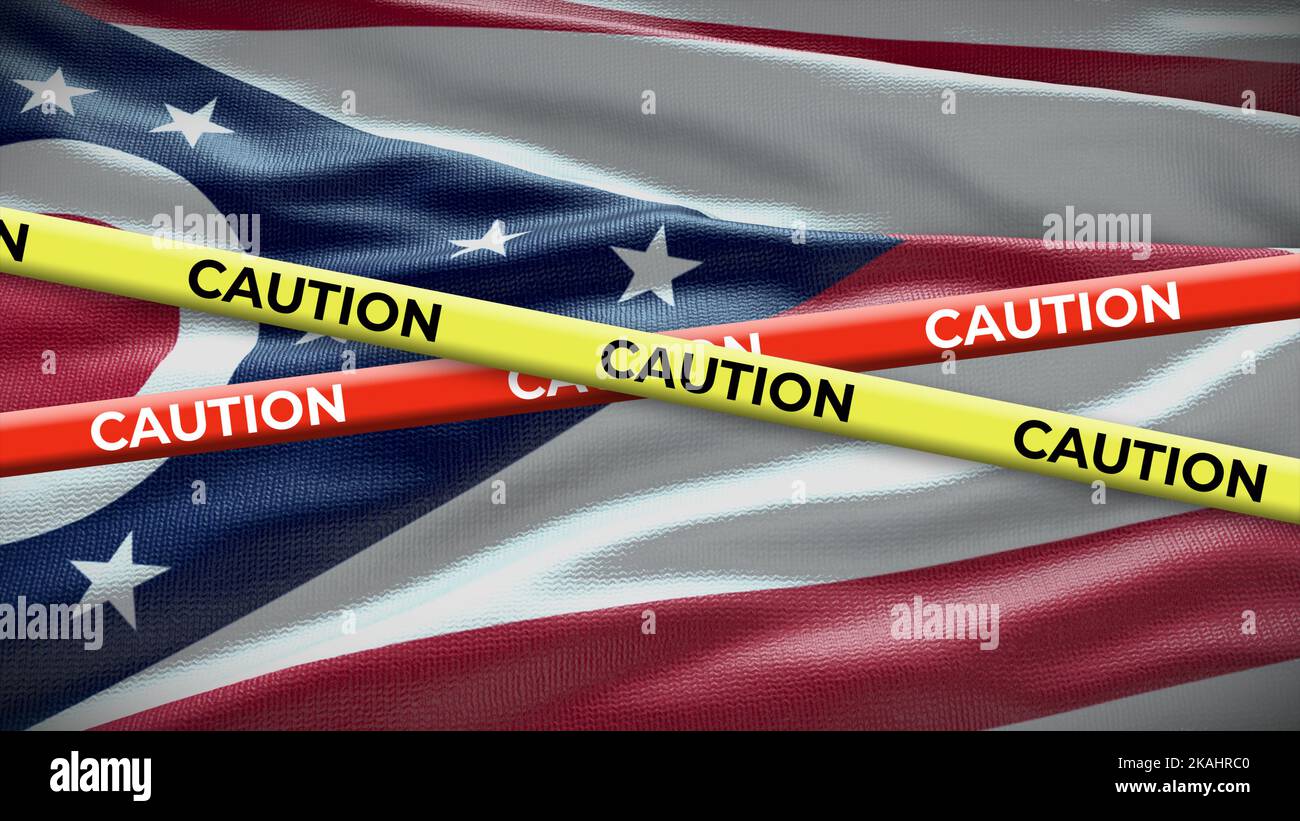 Ohio state symbol flag with caution tape. 3D illustration. Stock Photo