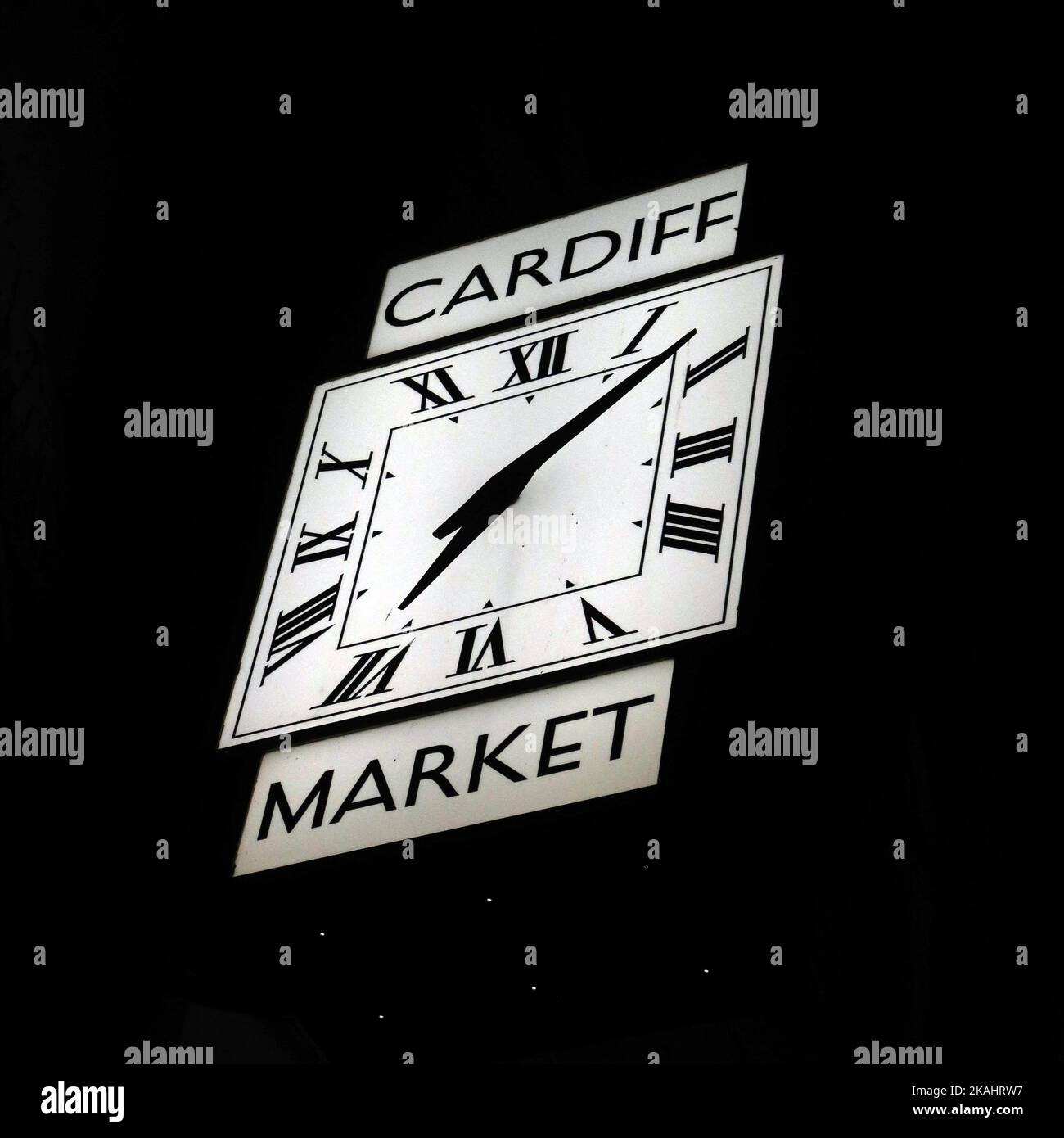 Cardiff Market Clock, time in Wales, UK Stock Photo