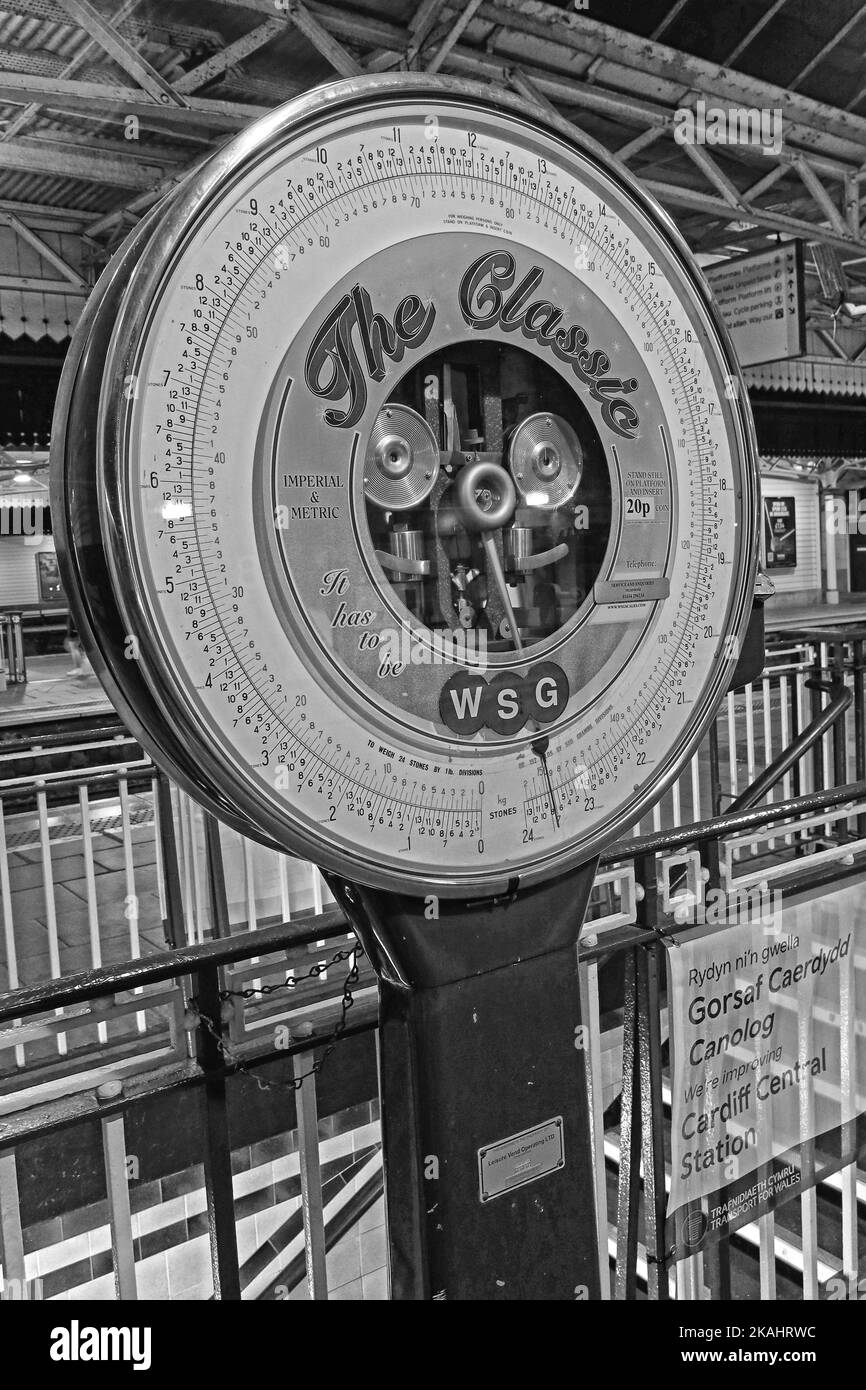 The Classic Weighing machine, Cardiff Central ,Station, Wales, UK Stock Photo