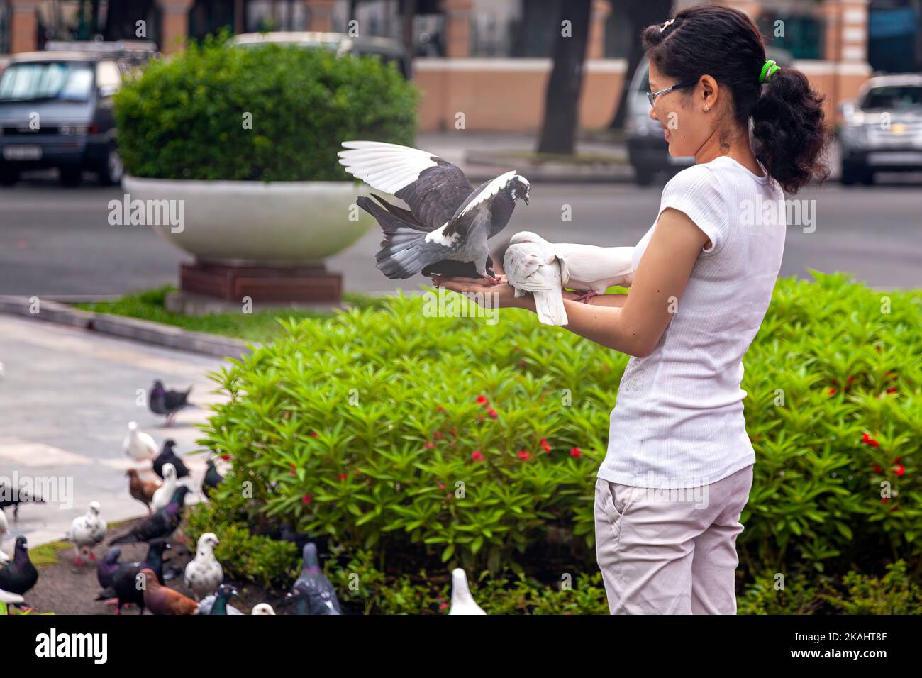 Vietnamese girl holding pigeon, central Ho Chi Minh City, Vietnam Stock Photo