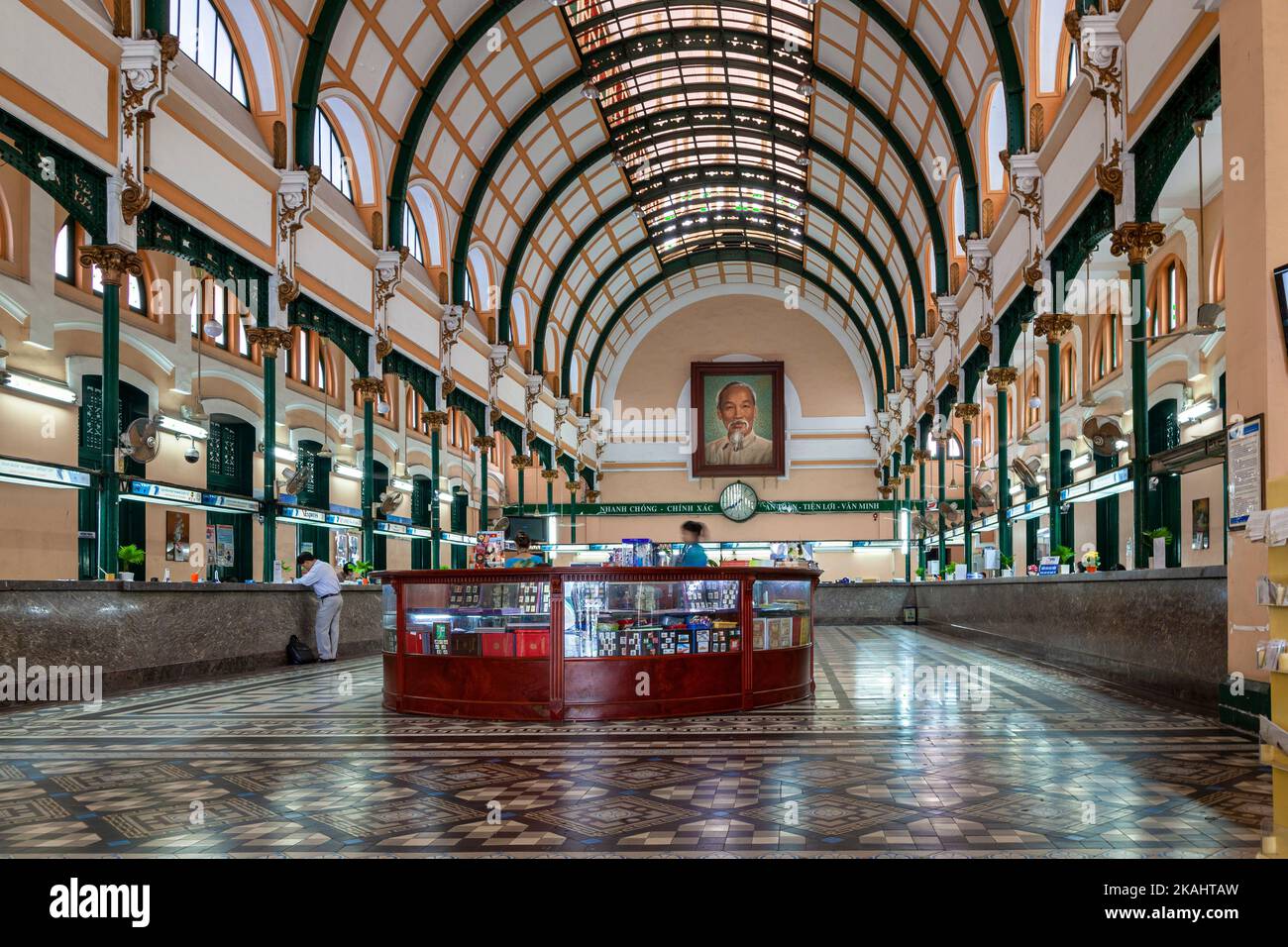 Interior hall of Central Post Office, Ho Chi Minh City, Vietnam, designed by Gustav Eiffel Stock Photo