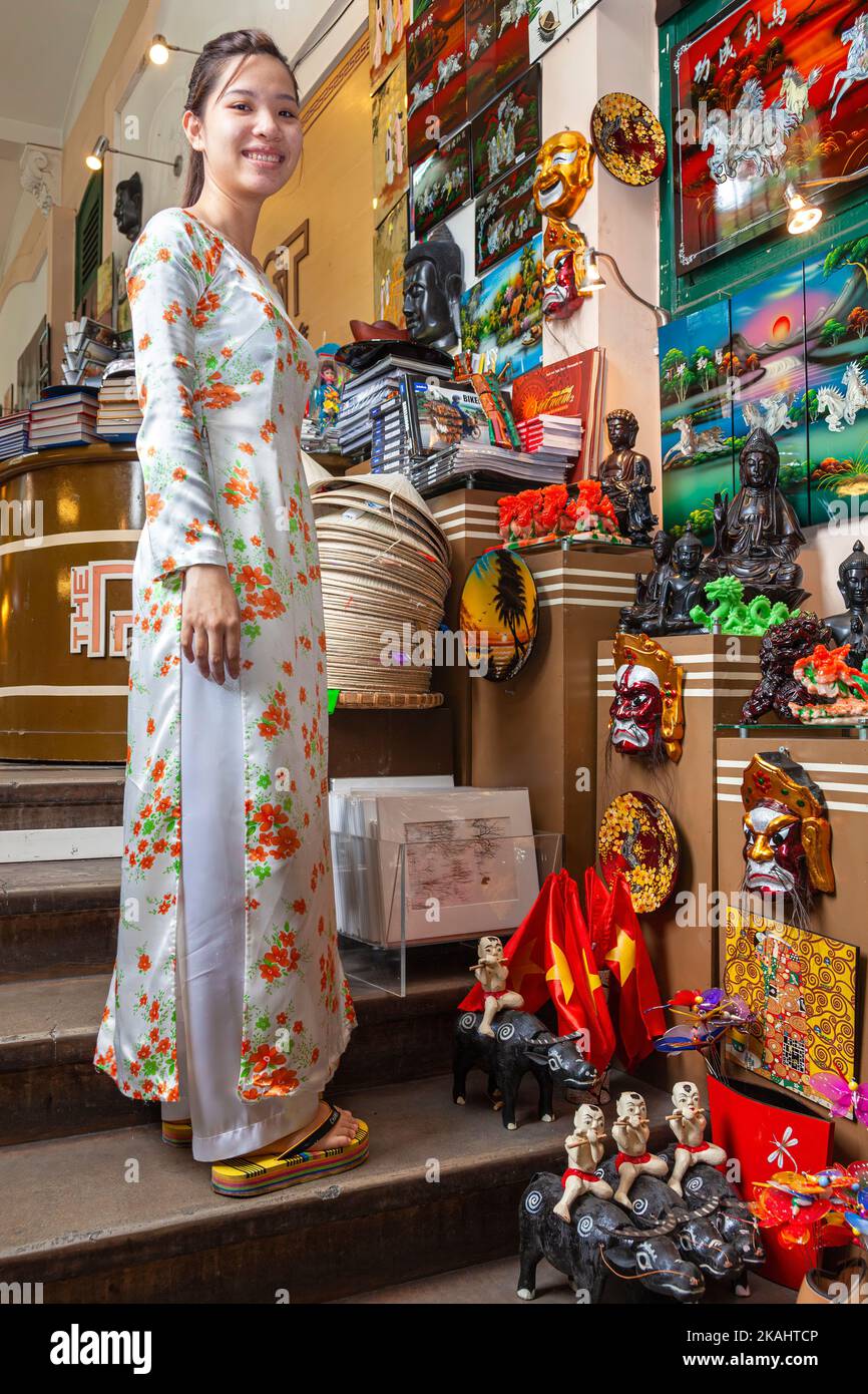 Ho Chi Minh; Saigon; Vietnam; Vietnamese; ao dai; art; attraction; craft; display; gift; handicraft; interior; lady; people; present; retail; sell; sh Stock Photo