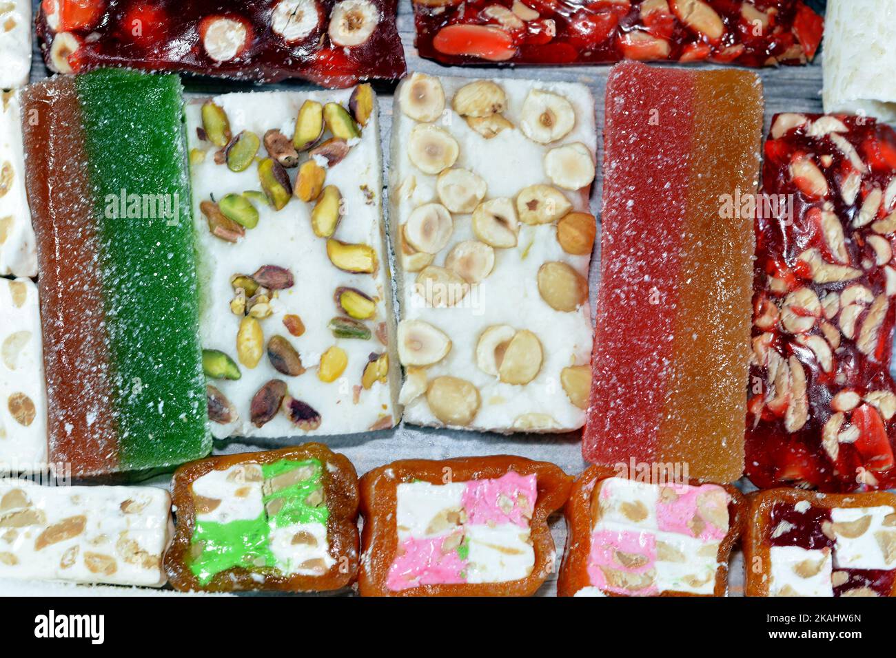 Collection of Arabian sweet candies with nuts, peanuts, hazelnuts and