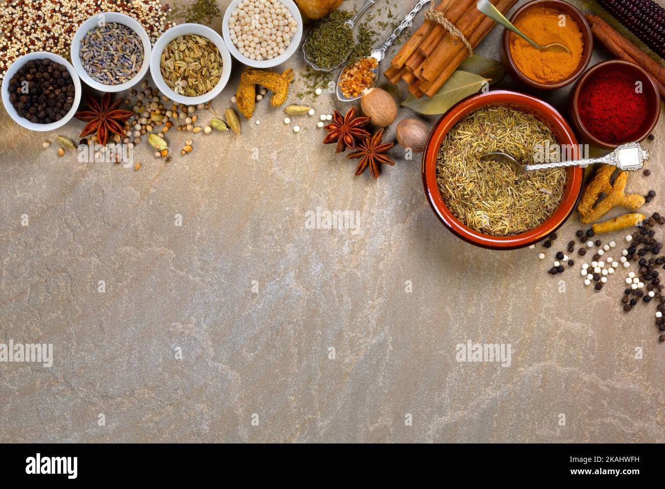 Cooking spices used to add flavor and seasoning with space for text. Stock Photo