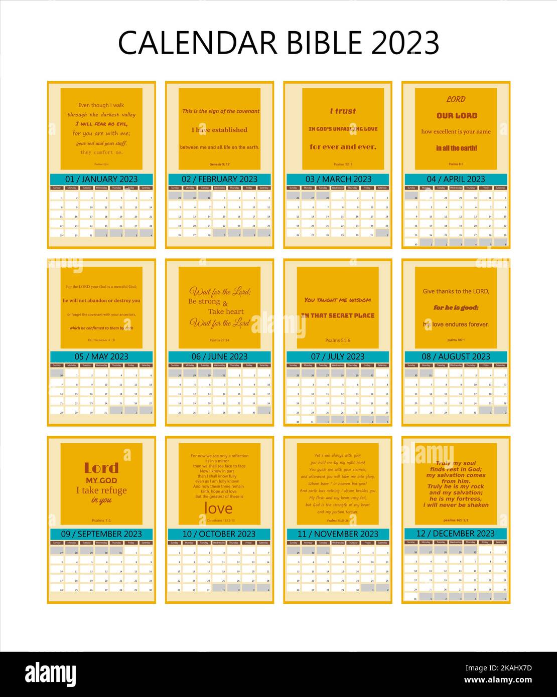 Vector Calendar 2023 with Bible texts. with weekly schedule starting