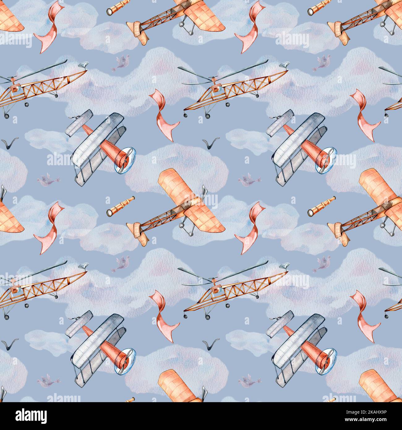 Retro air planes vintage style watercolor illustration seamless pattern ...