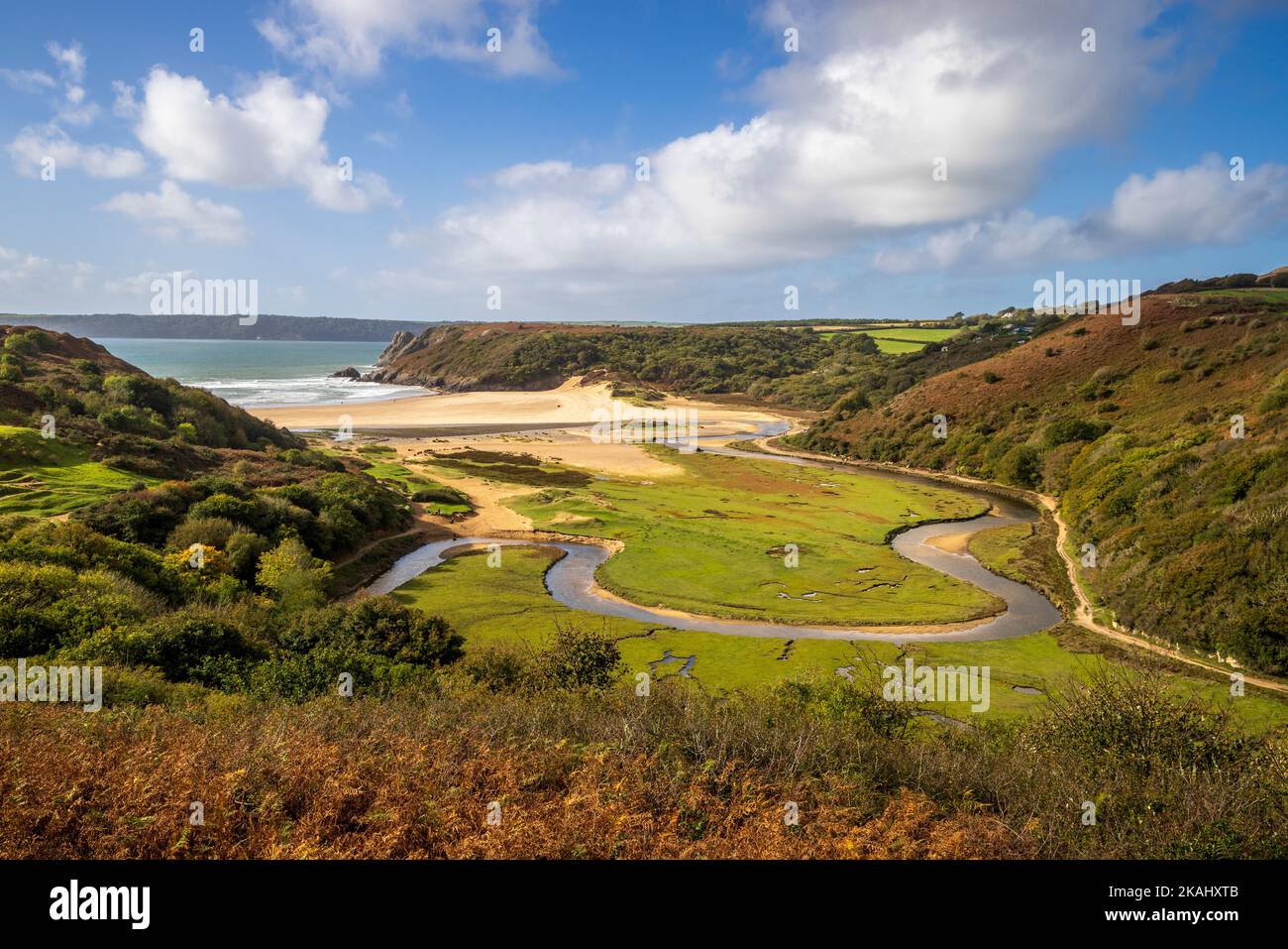 Three Cliffs Bay from Pennard Castle, Gower Peninsula, Wales Stock