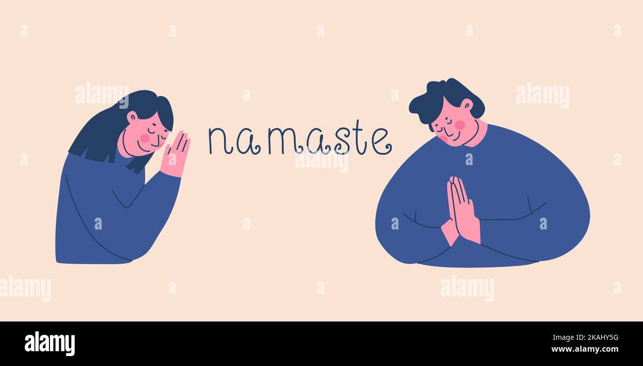 Namaste. The man and woman greet each other with a bow and clasped hands. Vector illustration. Stock Vector