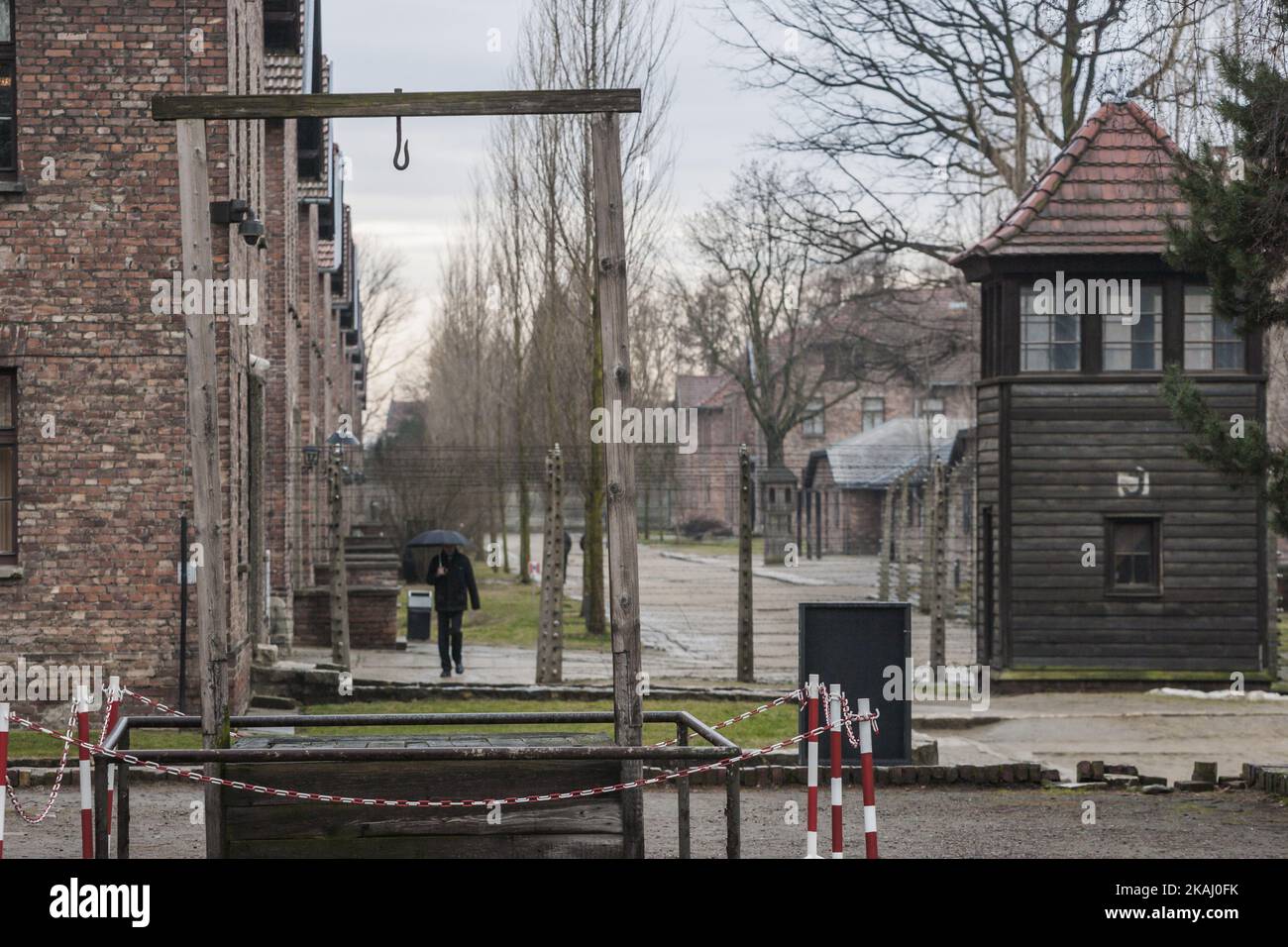 Scaffold in Auschwitz camp where Rudolf Hess, main commander of Auschwitz camp, was hanged until death, during the celebrations of the 71st anniversary of the liberation of Auschwitz in Oswiecim village, Poland, on January 27, 2016. (Photo by Celestino Arce/NurPhoto)  Stock Photo