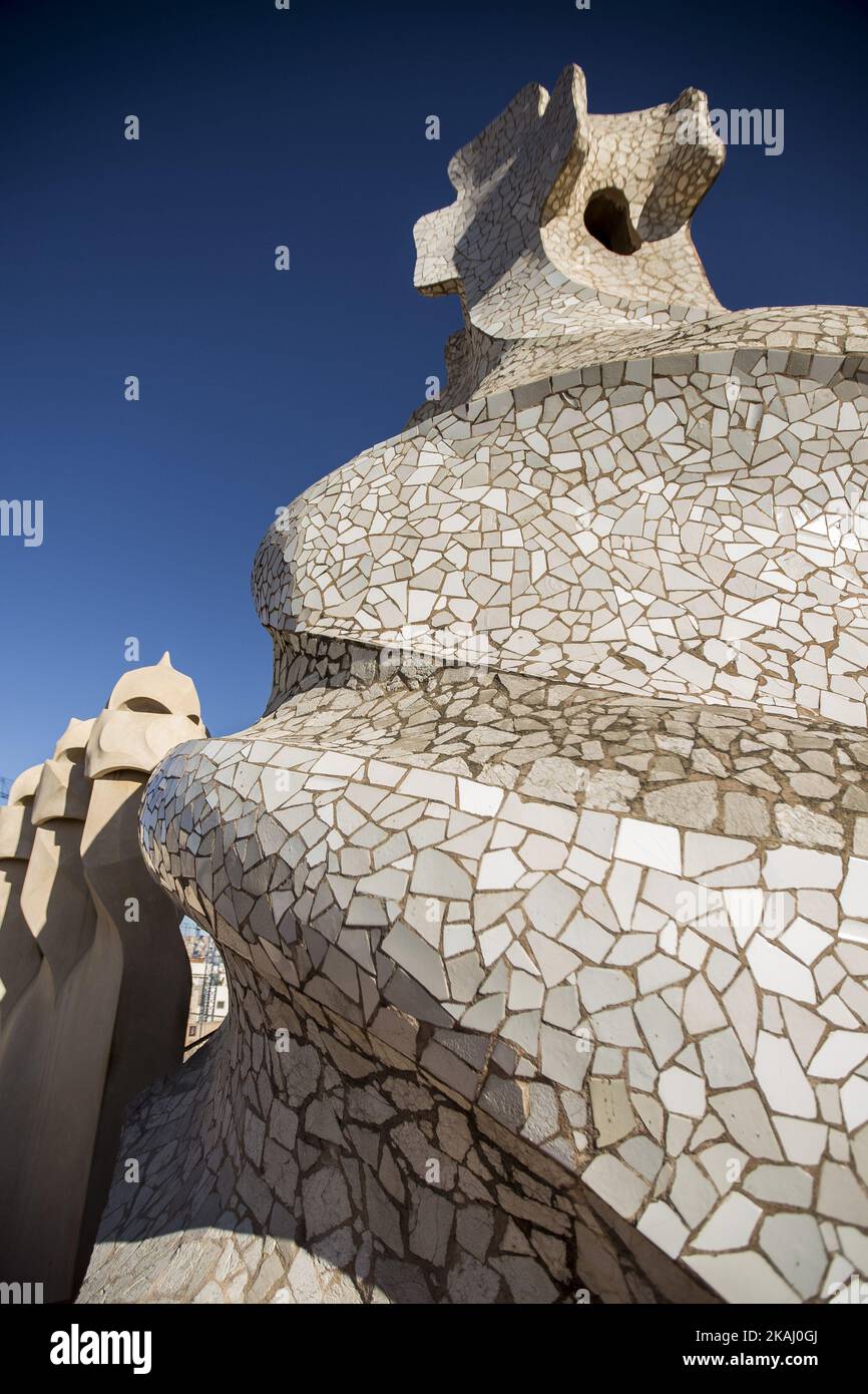 Barcelona, Catalonia, Spain. February 1. Datail of ventilation towers, knowed as The Soldiers or The Martians. of the Casa Mila, knowed as La Pedrera, of catalan architec Antoni Gaudí. La Pedrera is one of more important representative of modernism in Barcelona, Spain  (Photo by Miquel Llop/NurPhoto) *** Please Use Credit from Credit Field *** Stock Photo